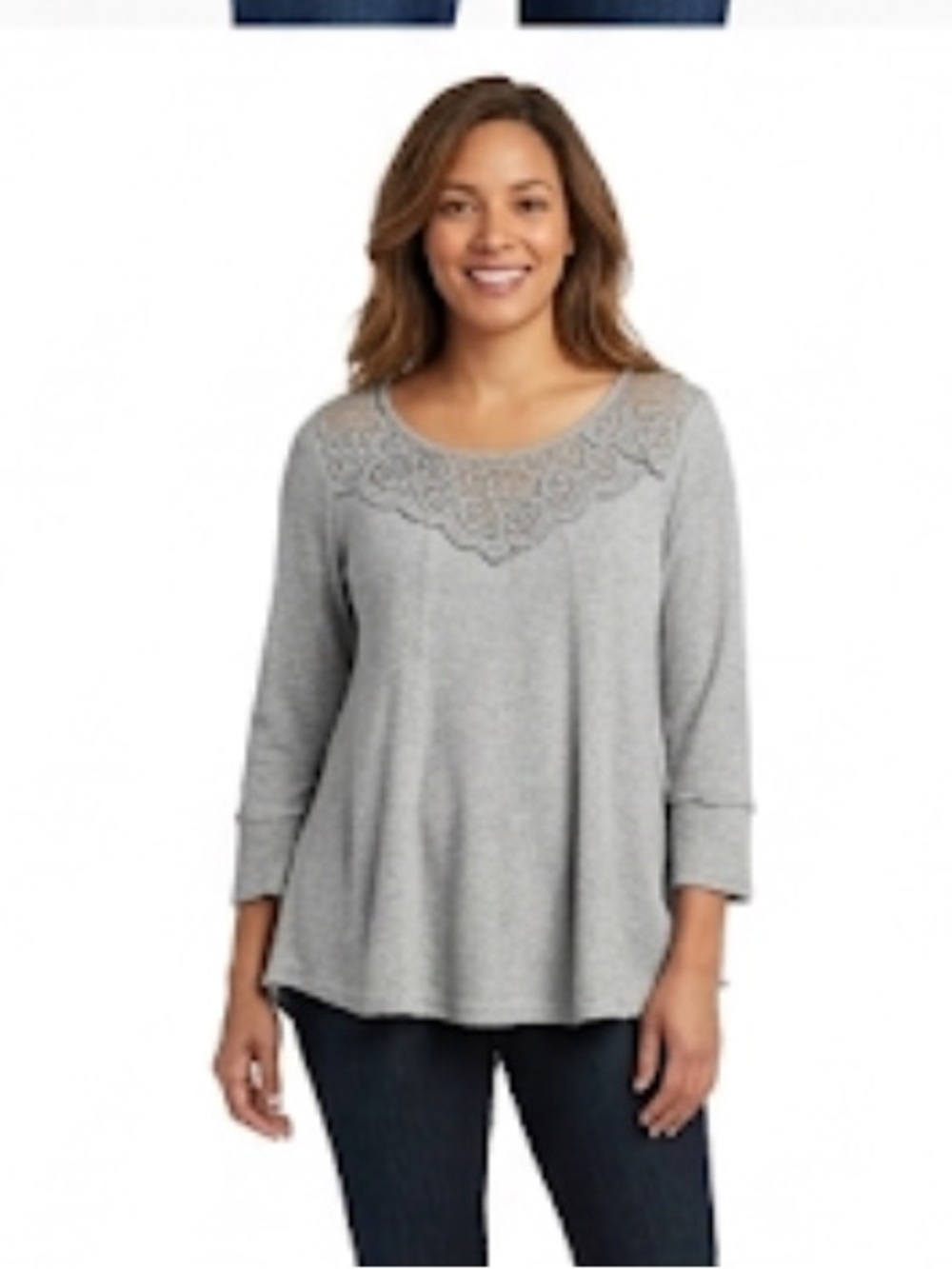 Almost Famous gray flared long sleeve lace neck line top size XL